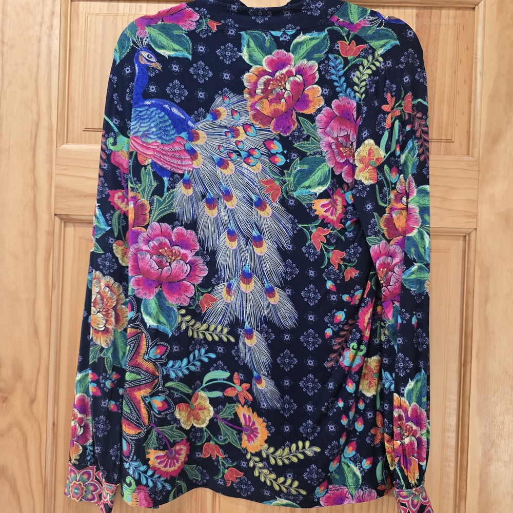 Johnny Was Vibrant Floral and Peacock Blouse - Picture 2 of 5